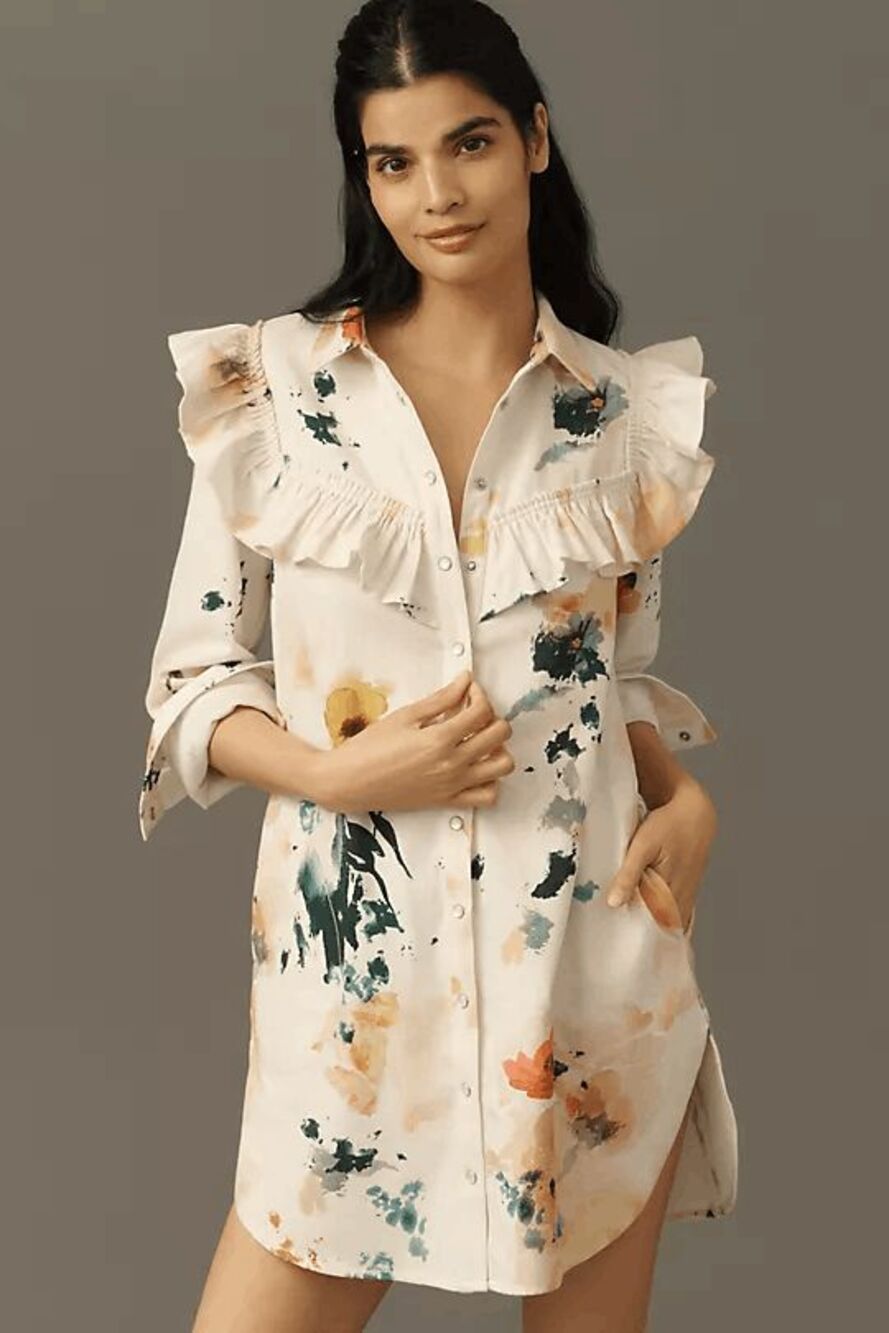 Anthropologie Pilcro White Floral Denim Ruffled Shirt Dress Women's Size Small